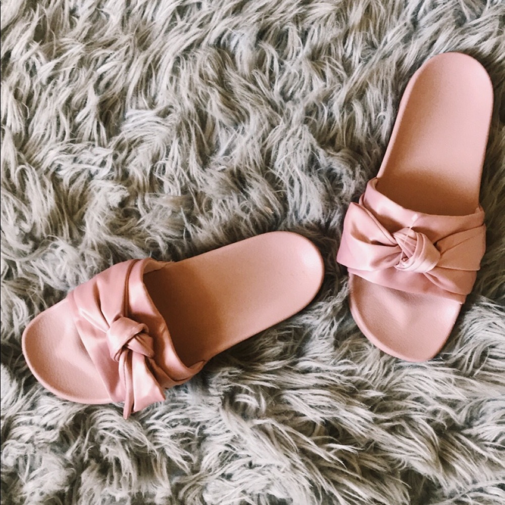 Satin Pink Bow Slide Sandals
